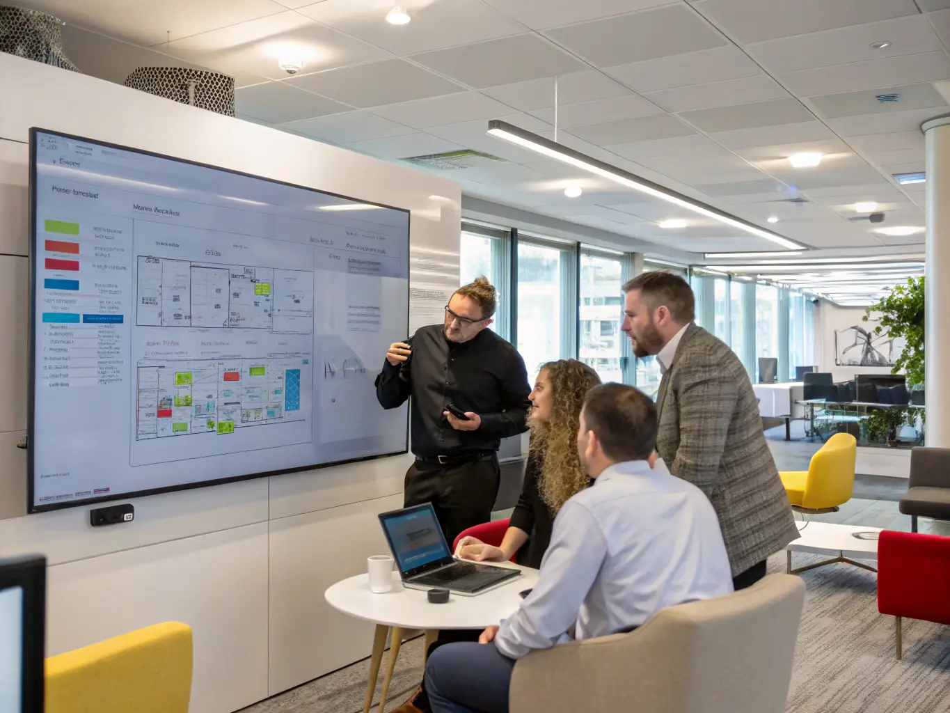 An image showcasing a team collaborating on a digital transformation project, with laptops and digital displays in a modern office setting.