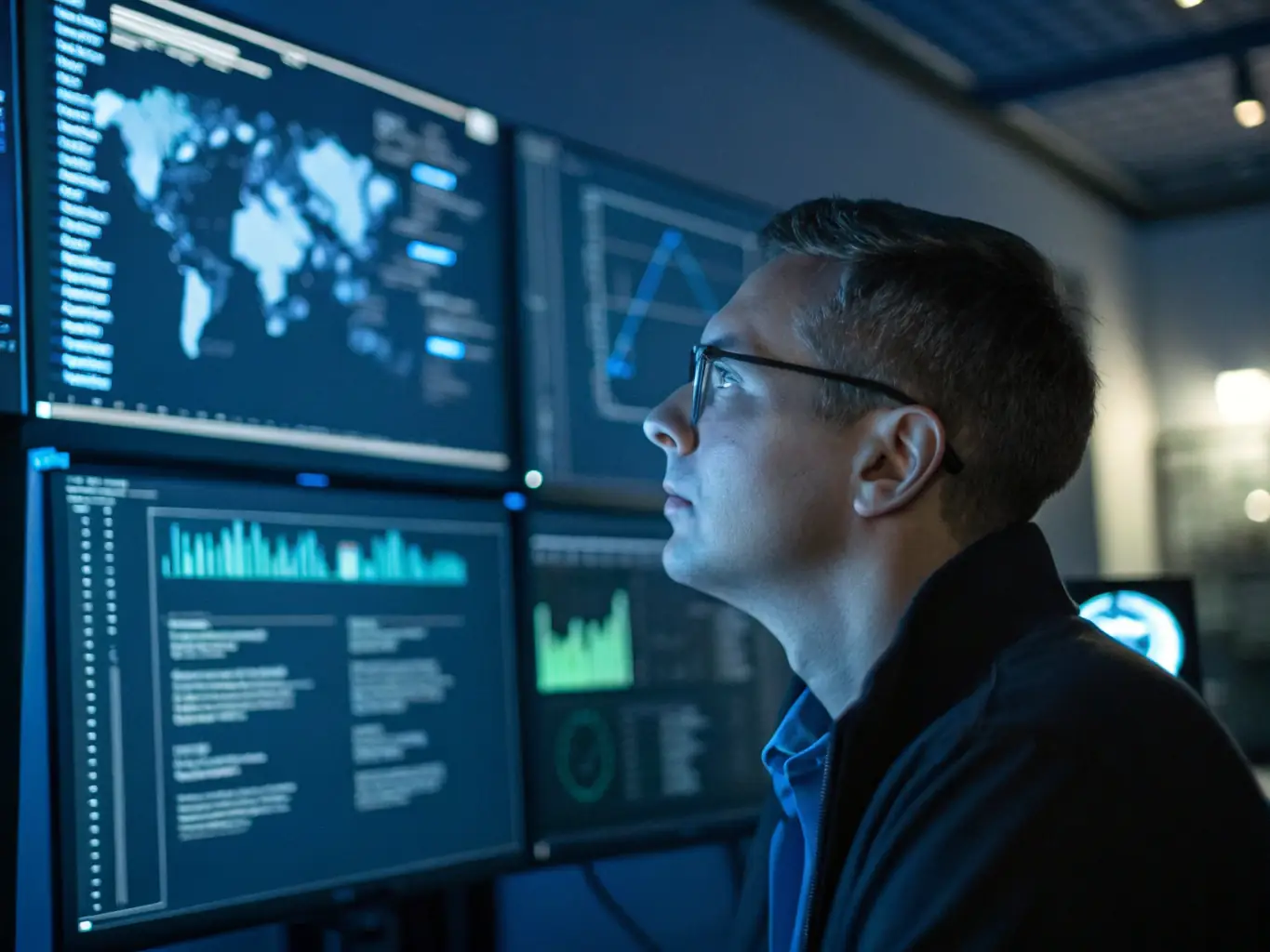 A network security engineer is monitoring a security dashboard, identifying and mitigating potential cyber threats.