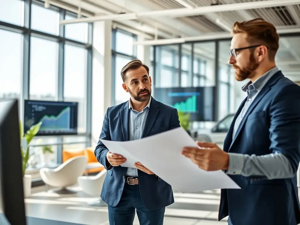 A professional IT consultant is advising a business executive in a modern office setting, discussing digital transformation strategies.