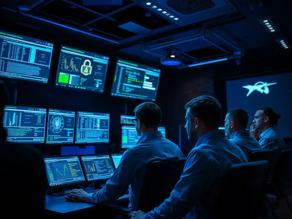 An image depicting cybersecurity professionals monitoring systems, with multiple screens displaying security data and network activity.